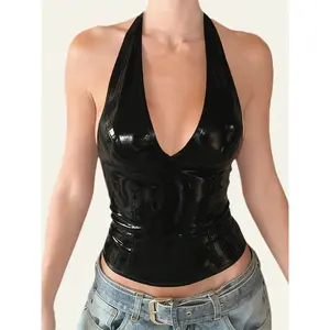 Women's PU leather sleeveless V-neck zipper backless vest, slim waist, street style retro fashion, casual daily top, minimalismRAIMENTRY