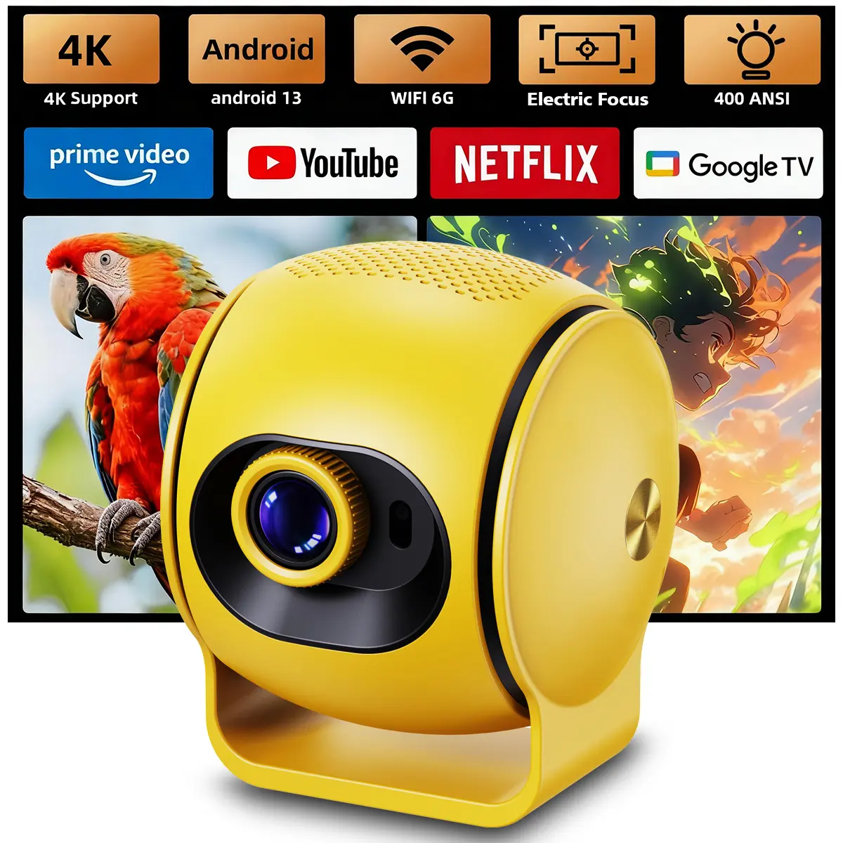 Mini Projector, 4K & 1080P, 400 ANSI Lumens, Portable Outdoor Movie Projector with Electric Focus & Compatible with 65W Power Bank for Camping Travel Portable Projector, Audio, Speaker