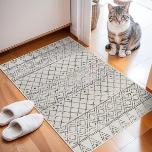 2x3 Entryway Rug Washable - Moroccan Small Area Rugs for Entryway Low Pile Indoor Mat Non Slip with Rubber Backing Thin Area Rug Pet Friendly for Front Door Kitchen Bedroom 2x3 Geo Grey