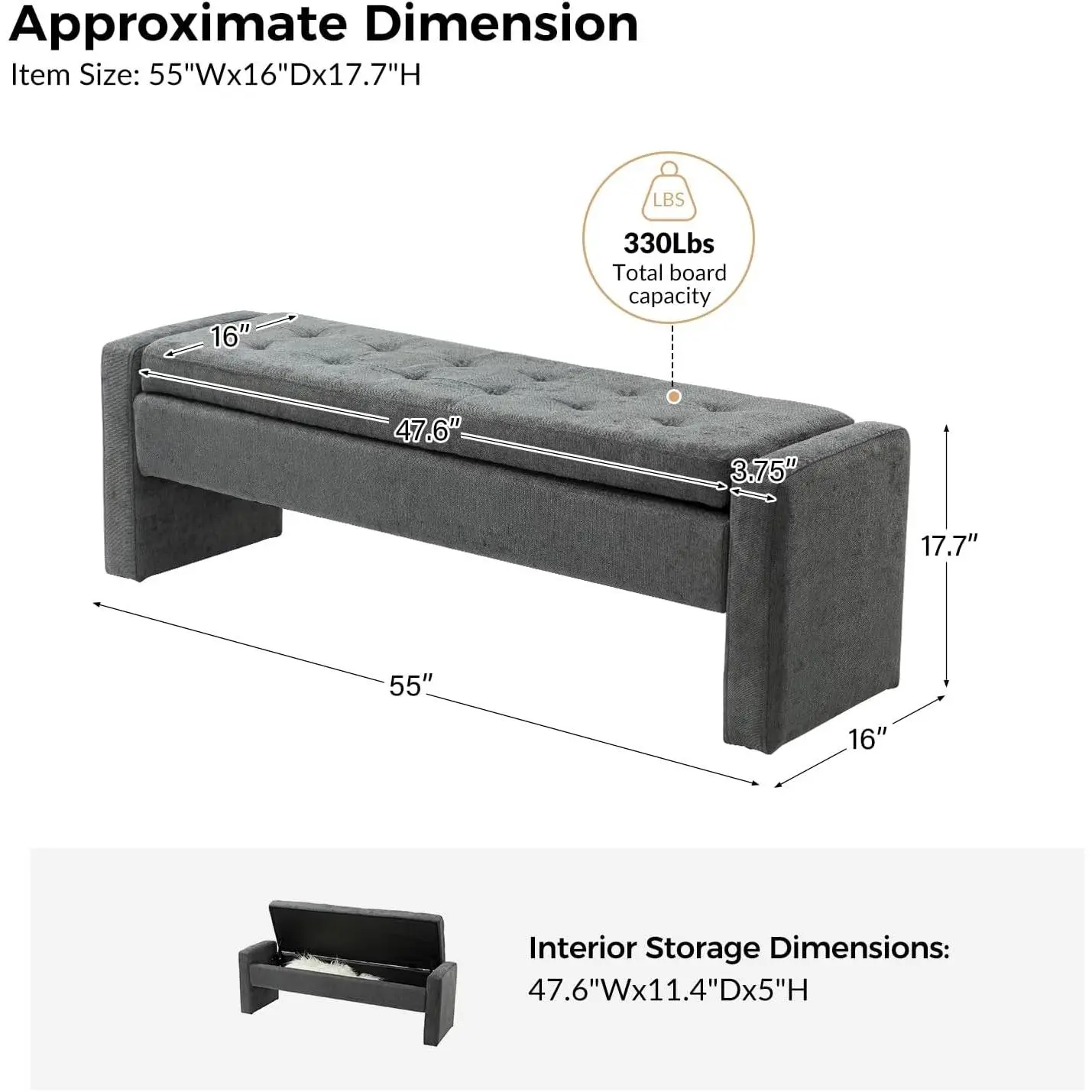 55" Storage Ottoman Bench with Tufted Design, Accent Bedroom Bench for End of Bed, Upholstered Footstool Long Seat for Dining Room Living Room Entryway, Charcoal