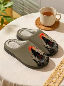 Cat Samurai & Blood Moon | Dark & Cool 1 Pair Faux Fur Lined Non-Slip Home Plush Slippers For Men & Women (Autumn/Winter)