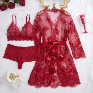 Women Sexy Lingerie Set 3 Piece Bra and Panty Sets with Lace Kimono Robe Sleepwear Mesh Nightgown