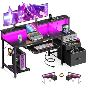 55-Inch Gaming Desk with Power Outlets & LED Light, Reversible PC Desk with Fabric Drawer and File Cabinet, Computer Desk with Keyboard Tray, Table with Full  Riser and PC Stand, Black