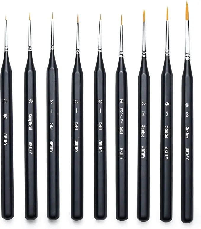 ARTIFY 9-Piece Round Miniature Detail Paint Brush Set - Thin Micro Paintbrushes for Model Builders, Miniaturists - Unisex Home Improvement Paint Supply Tool