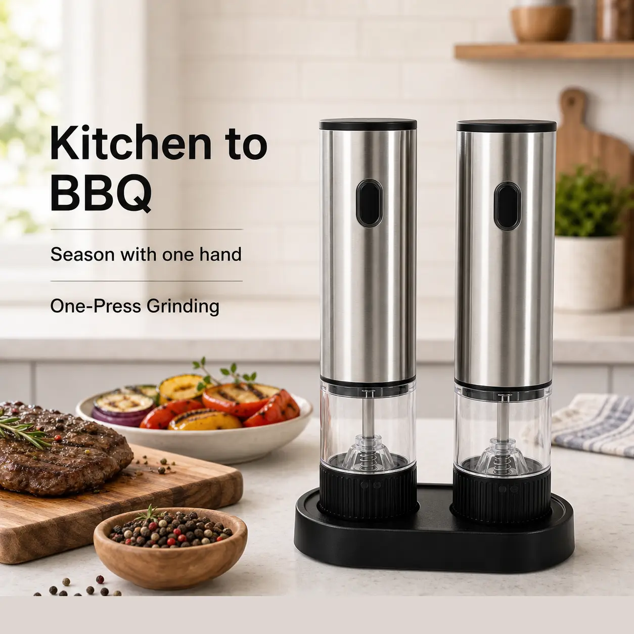 USB-C Rechargeable Salt and Pepper Grinder Set, Electric 2-Pack Pepper Mills with Storage Base, Adjustable Grind Settings for Kitchen and Outdoor BBQ