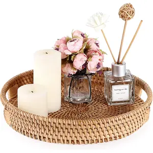 10" Round Rattan Serving Tray with Handles, Hand-Woven Decorative Organizer Tray for Storage Breakfast Drinks Snack, Centerpiece Fruit Basket for  Decoration, Small