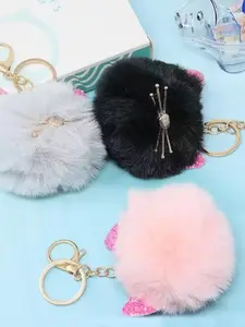 Yueton 3pcs Cute Fluffy Animal Cat Keychain, Faux Rabbit Fur Pom Pom Ball Keyring, Artificial Fur Alloy Key Chain, Bag Decorations