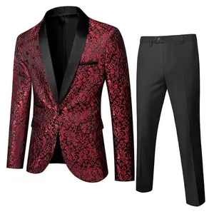 Men's Two-Piece Floral Jacquard Dress Suit Set Single Button Printed Dinner Jacket and Matching Trousers prom suit party suits