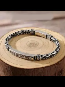 Men's Retro Wave Pattern Silver Color Buckle Bracelet, Trendy Creative Handmade Woven Jewelry, Fashionable Men's Accessory