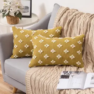 12''x20'' tufted floral lumbar support 100% cotton throw pillow | 7 colors textured daisy stitch design | boho chic lumbar & accent pillow | insert included