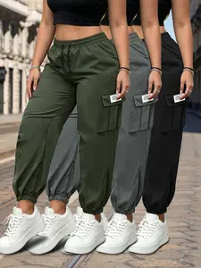 3-Pack Women Cargo Jogger Pants-Elastic waist & ankle cuffs, multi flap side pockets, lightweight casual joggers for street daily outdoor outfits, 3-color value bundle