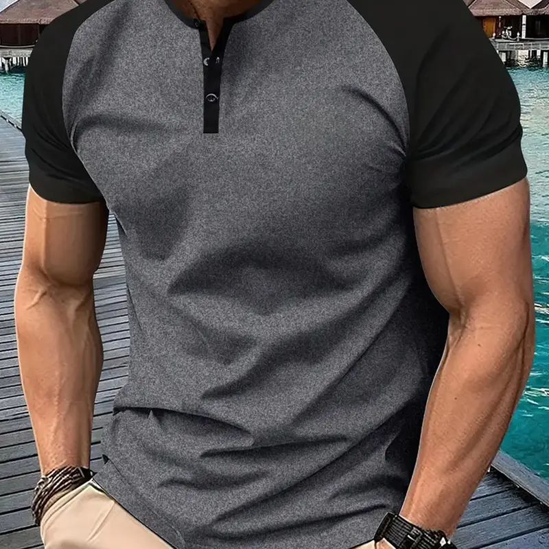 Men's Knitting Short-Sleeve Henley Tee - 5-Button Placket, Stretchy Fabric, Lightweight, Fitted Cut, Casual Tee Lightweight, Menswear, Machine Washable, Normal Type, Outdoors Casual Run Sport & Outdoor Streetwear Top