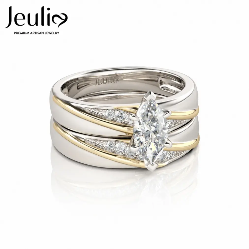 Jeulia Female 925 Sterling Silver Bridal Engagement Jewelry Set - 1.6 ct Diagonal Diamond White Primary Stone, 0.32 ct Side Stone, 2-Tone Round Silver Rings for Wedding, Anniversary