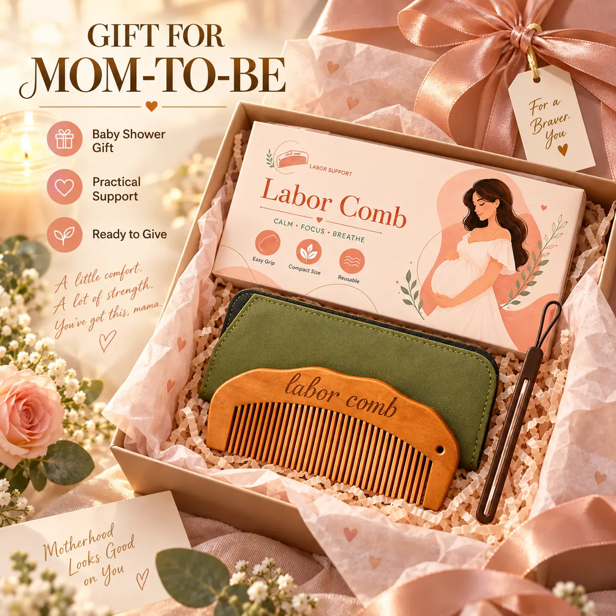 Labor Comb for Pregnancy & Delivery, Wooden Birth Comb for Expecting Moms, Hospital Bag Essential, Easy-Hold Childbirth Support Tool, Pregnancy Must-Have & Baby Shower Gift
