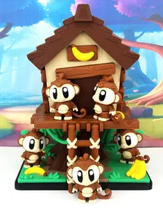 5pcs Articulated Monkey Treehouse Playset, 3D Printed Poseable Monkey Figures, Jungle Desk Toy