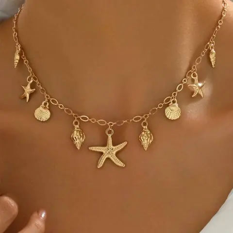 Women's Boho Style Starfish & Shell & Conch Design Layered Necklace, Vintage Trendy Pendant Necklace, Chic Jewelry as Gift for Girlfriend, Dainty Necklace, Trendy Charms Necklace, Boho Necklaces