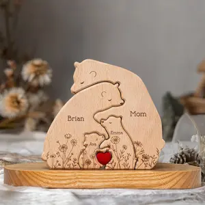 Personalized Hugging Bear Family Puzzle – Floral Design – Mother's Day Gift – Wooden Home Decor