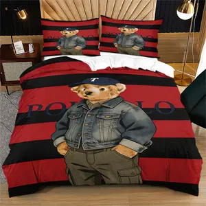 Striped teddy bear printed pattern duvet cover set, including 1 duvet cover and 1 or 2 pillowcases, without a core or pillow, suitable for bedroom or dormitory bedding set, suitable for gift giving or personal use