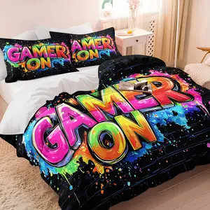 "GAMER ON" Graffiti-Style Bedding Set — 2/3-Piece Colorful Street Art Print Duvet Cover Set, Gaming-Themed Bedroom Decor Designed for Kids & Teens (Includes 1 Duvet Cover + 1 or 2 Pillowcases; Fillings Not Included)