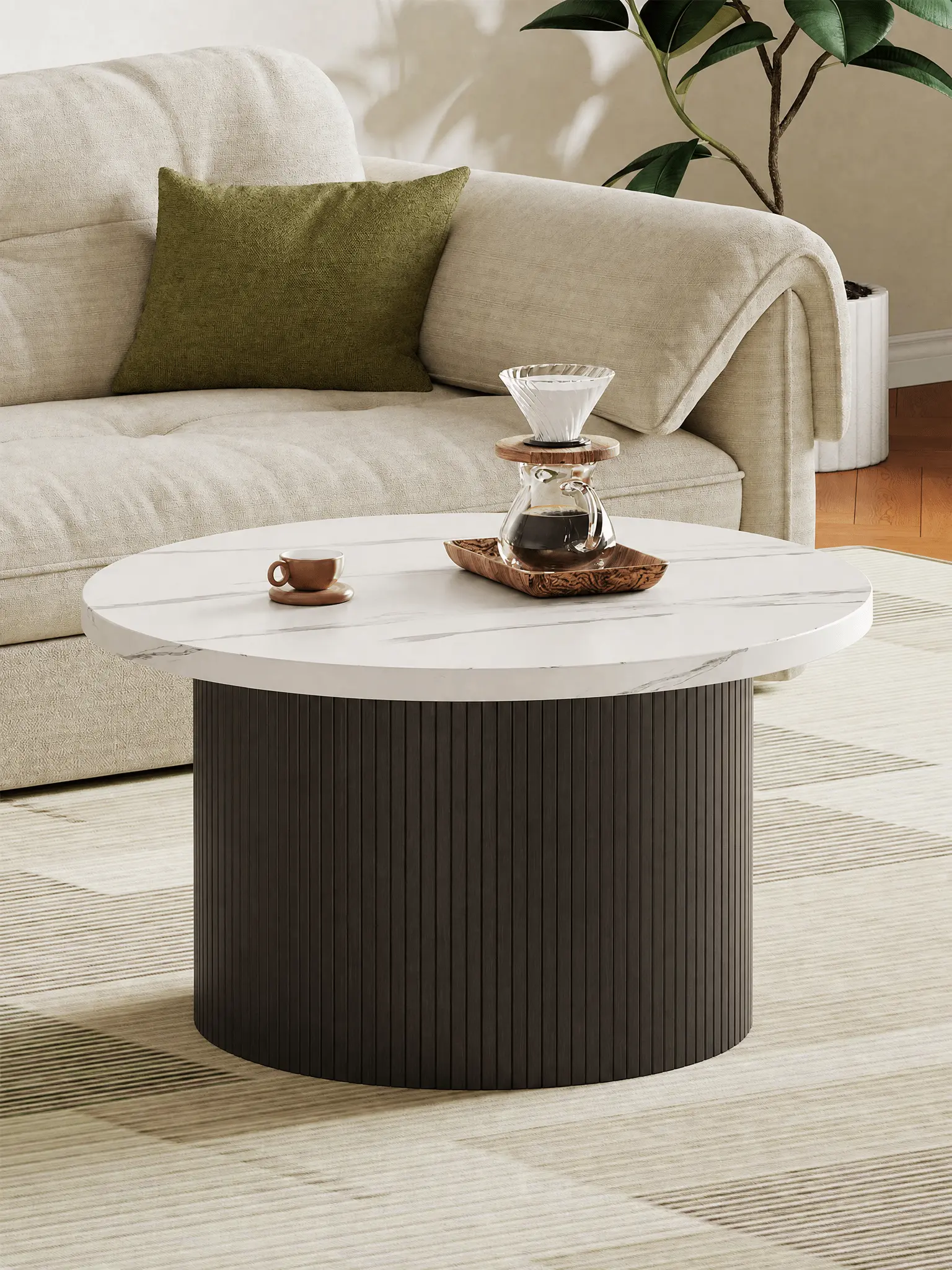 【SummerFinds】ONBRILL 31.5" Gorgeous Fluted Coffee Table, Round Mid Century Coffee Tables for Living Room, Cute Modern Wood Coffee Table, Drum Accent Small Center Table, Bedroom Furniture, Gift SummerFinds