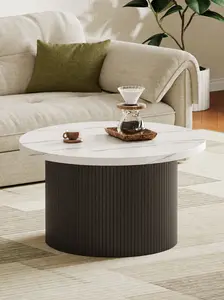 【SummerGarden】ONBRILL 31.5" Gorgeous Fluted Coffee Table, Round Mid Century Coffee Tables for Living Room, Cute Modern Wood Coffee Table, Drum Accent Small Center Table, Bedroom Furniture, Gift summergarden