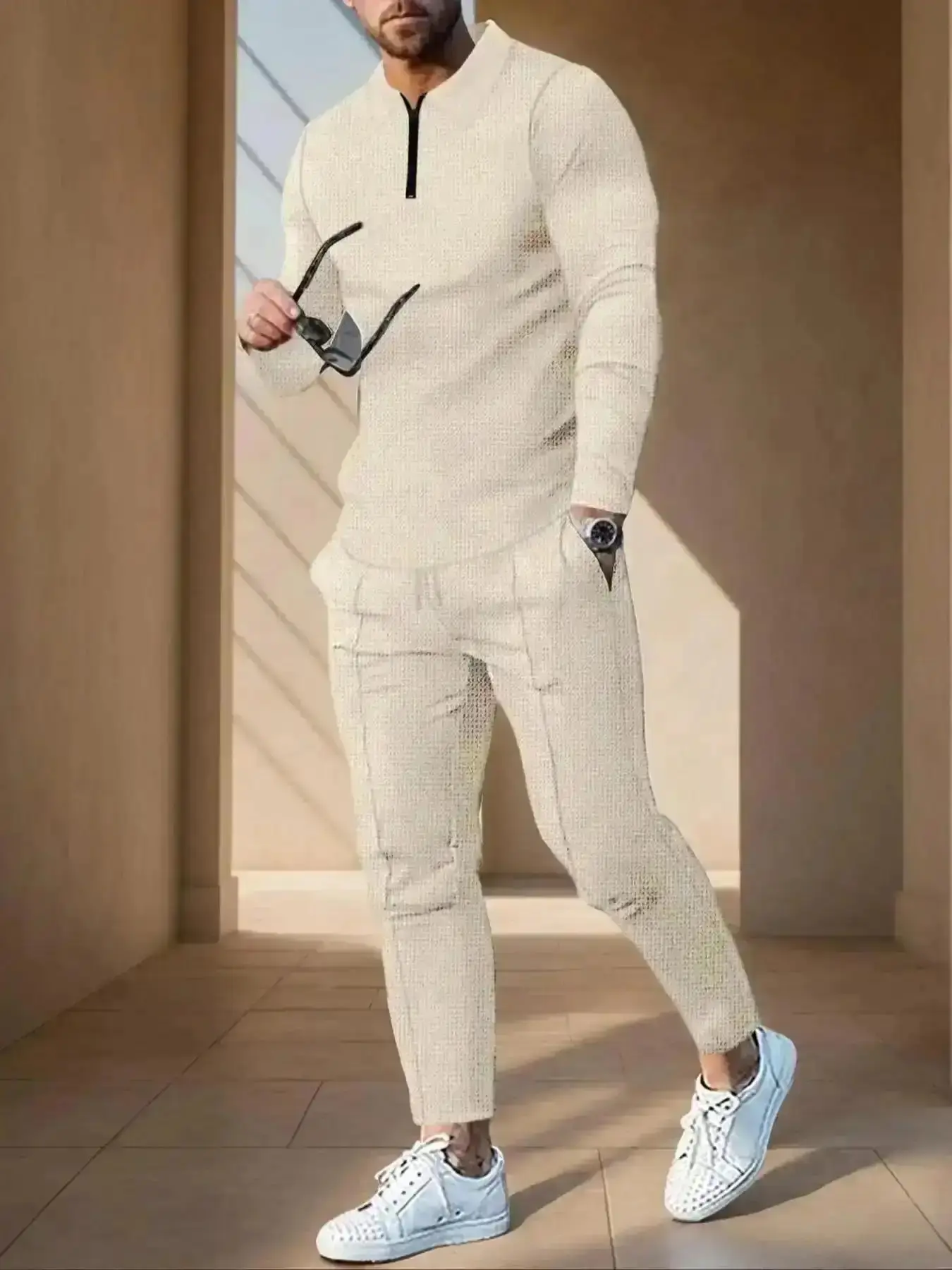 Men's Solid Zip Polo Shirt and Drawstring Waist Pants Set, Sweatsuit Sets, Stylish Long Sleeve Top with Practical Pocket Design for Casual Sports, Athleisure Clothes, Sportswear Clothing and Trendy, Sweatsuit