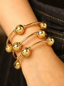 3Pcs Minimalist Gold Bead Open Cuff Bracelets, Adjustable Tarnish-Resistant Stackable Bangles for Daily & Western Style