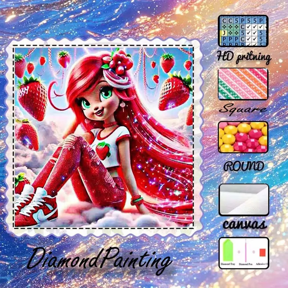 DIY 5D Flocking Cloth Diamond Painting Craft Set, AB Diamonds, Fairy Dust Diamonds, Crystal Diamonds, Strawberry, Girl, Red Diamond Embroidery, Special Technique Diamond Art Kit, Wall Decoration, Gift for Family, Loved Ones, and Friends