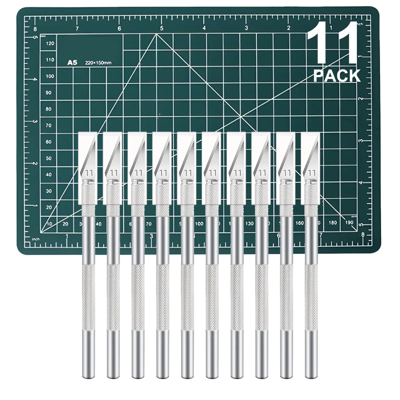 11-Pack Office Cutting Supplies Kit - 10 Precision Aluminum Alloy Hobby Blades for Long-Lasting Use, Double-Sided & Gridded A5 Cutting Mat, DIY Craft Tool for All Skill Levels (Art Scrapbooking, Stencil Making)