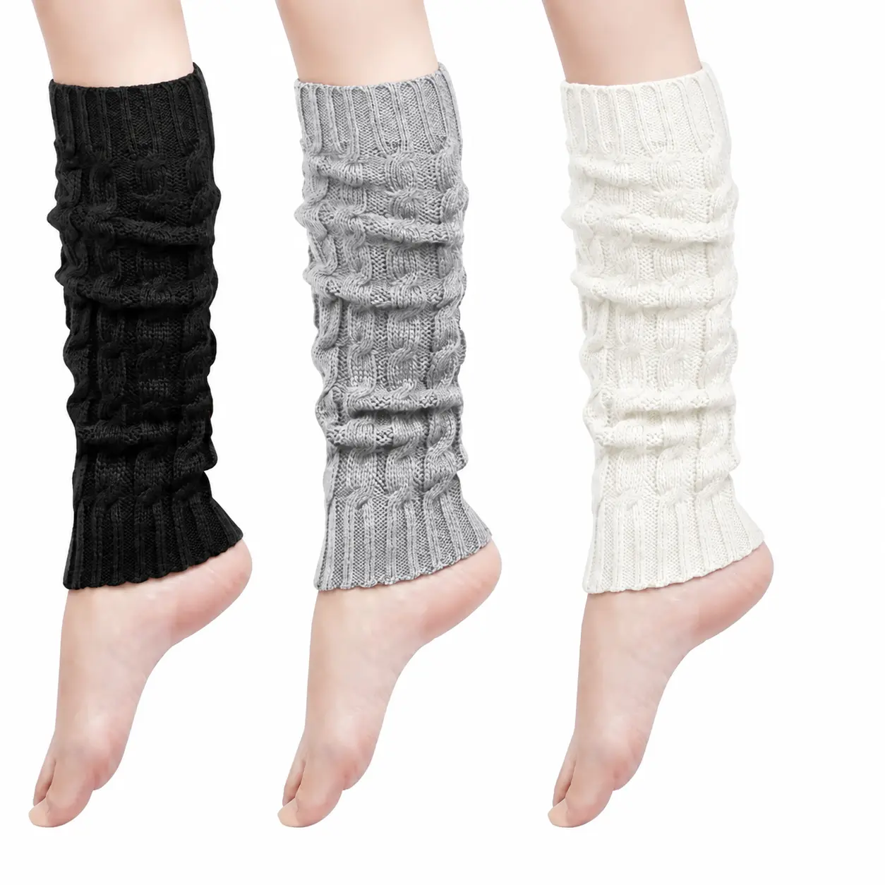 3-Pack Women's Chunky Knit Leg Warmers, Slouch Boot Cuffs, Warm Knee High Socks