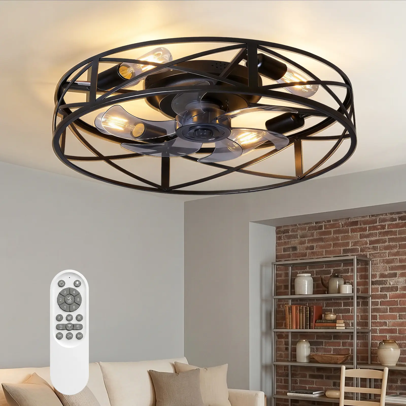 VALLERICO Farmhouse Caged Bladeless Flush Mount Ceiling Fan with Lamps, Rustic Low Profile 16W 6-Speed Ultra-Low Noise Motor, 433 RF Remote System Metal Cage Fan for Kitchen,Stockup,Halloween