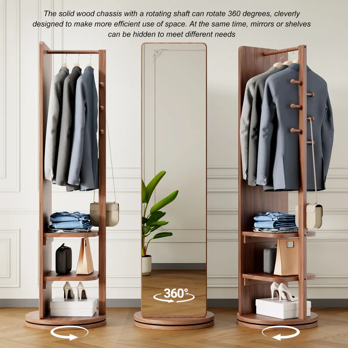 360° Rotating 66"x17.8" Multifunctional Full Length Mirror with Hook Storage Rack Coat Rack with Mirror Solid Wood Floor Mirror Bedroom Living Room Cloakroom Space Saving (walnut)