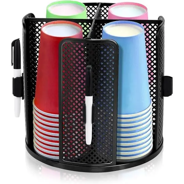 360° Rotating Paper Cup Dispenser, Disposable Coffee Cup Holders with Marker Pen Holder for Countertop, with 4 Compartment Lid Holder