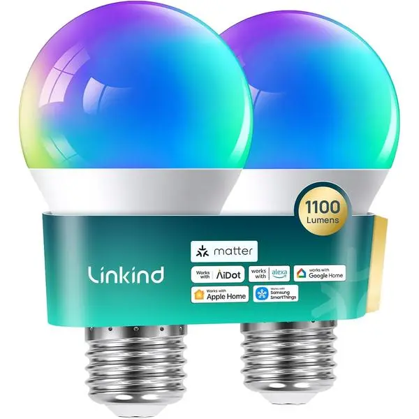 Linkind Matter Smart Light Bulb,1100LM 75W Smart Bulbs Work with Alexa/Apple Home/Google Home/SmartThings, RGBTW LED Color Changing Bulbs Music Sync, 2.4GHz Wi-Fi Light Bulbs LED 11W, A19 E26, 2Pack