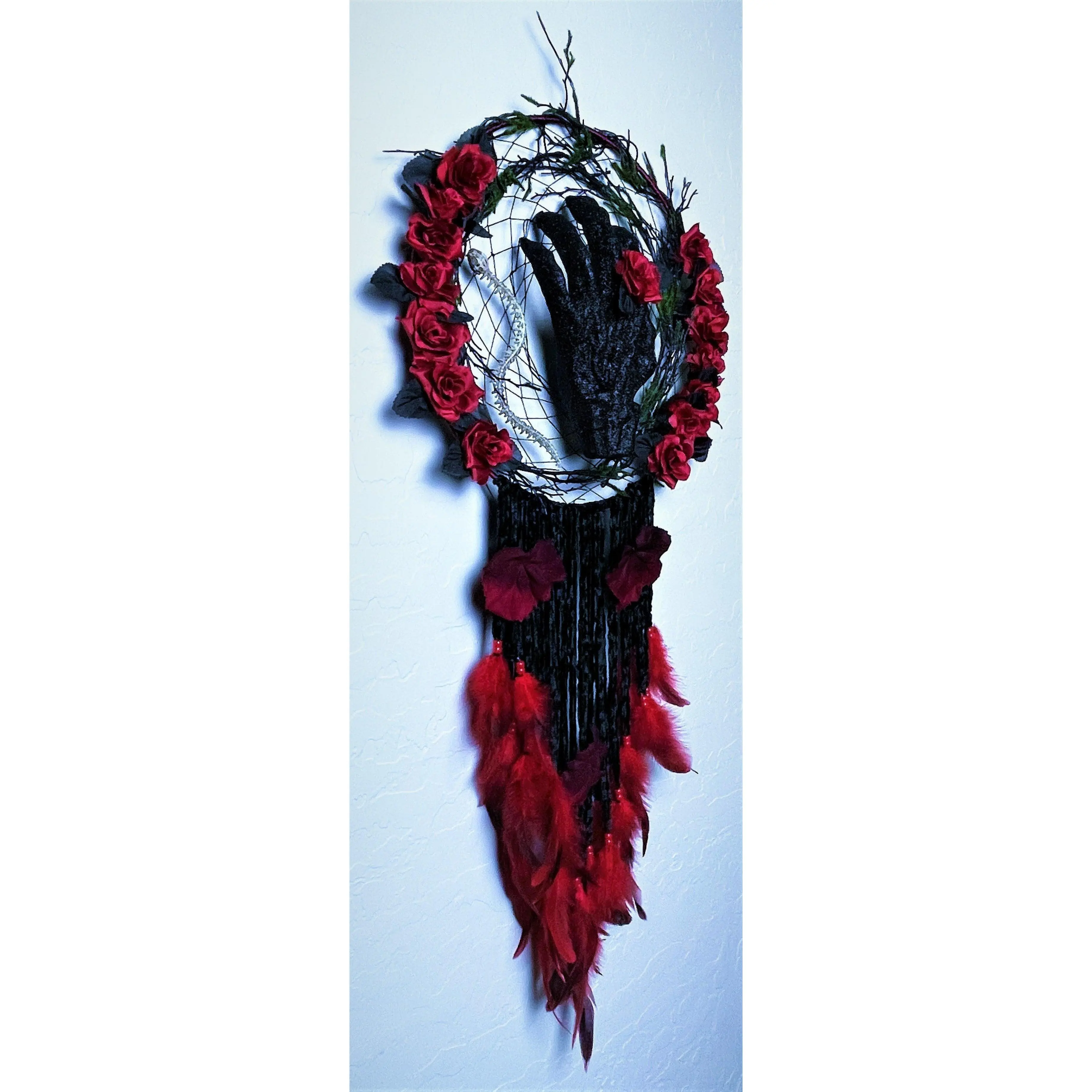 Wicked Weavings Collection - Bloodroot Hollow - 14-Inch Velvet Dreamcatcher • Red & Black • Macabre Elegance