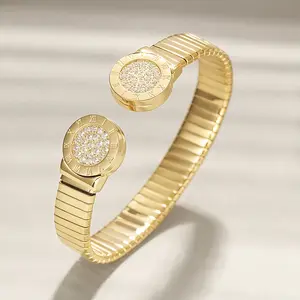 Roman Numerals Cuff Bangle NSB1755STGCZD Hypoallergenic Metal with Pave CZ & Chunky Snake Chain Bling Accessory for Daily Wear