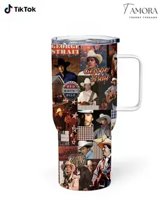 George Strait Country Music Tumbler 40oz Stainless Steel Cup with Handle, Western Cowboy Style Travel Mug, Gift for Country Music Lovers Fans