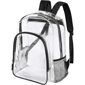Clear Backpack Heavy Duty - 16x12x6 in Large Transparent Backpacks for School, College, Work - See Through PVC Plastic Bookbag for Girls Boys (Black)