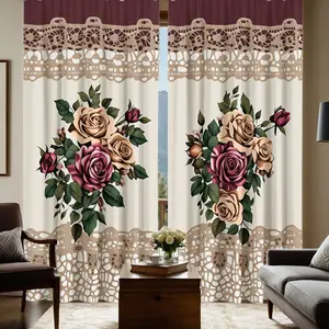2pcs European-style pink and white rose patterns Digital Print Curtains, Semi-Transparent Polyester, Fade Resistant, Hand Washable, Home Decor