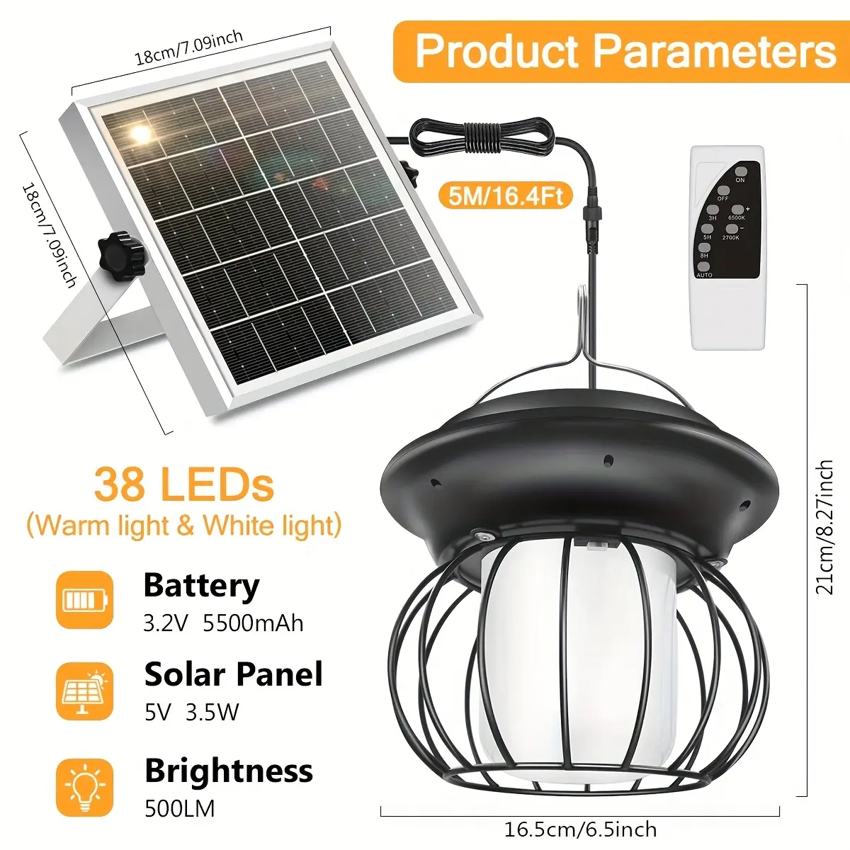 Classic Metal Solar Pendant LED Light - Decorative IP65 Waterproof Glass Lantern, 5500mAh Battery, 3/5/8 Hours Timing Modes, Dimmable, Outdoor Patio Lighting for Barns, Gardens, Decking