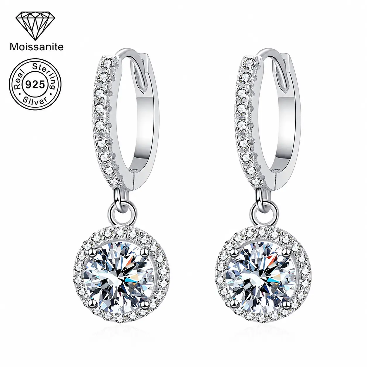 Halo Set 1ct Moissanite Drop Hoop Earrings, 925 Sterling Silver Elegant Silver Earrings