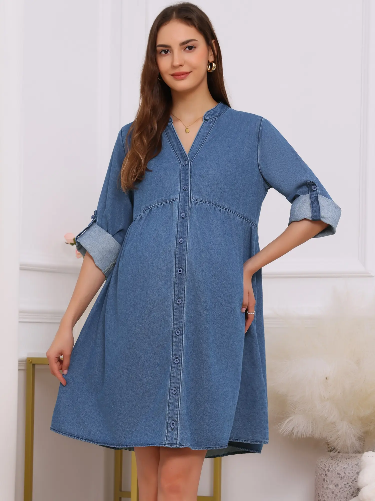 maternity denim shirt dress Blue Denim Heart-Pocket Maternity Shirt Dress main image 1