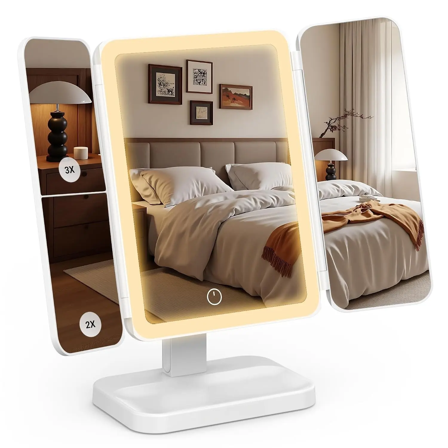 Trifold Lighted Makeup Vanity Mirror with 1X/2X/3X Magnification Magnifying mirror with 3 Color Eye-Caring LED Lights,2000mah Rechargeable Foldable for Travel Desk Bedroom,Gifts for Women