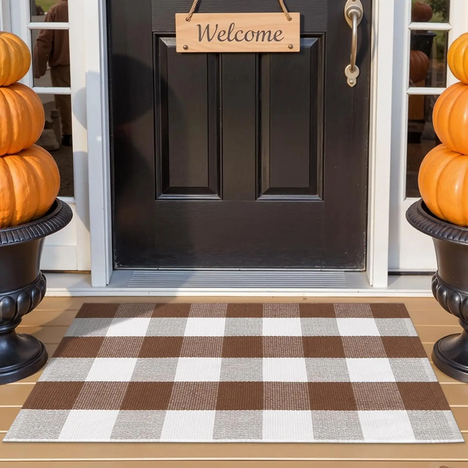 Buffalo Plaid Checkered Outdoor Rug, Fall Autumn Decor Door Mat, 2x3 Coffee and White Doormat Washable Front Porch Rugs, Layered Welcome Front Door Mat Outside Entrance Kitchen Bathroom