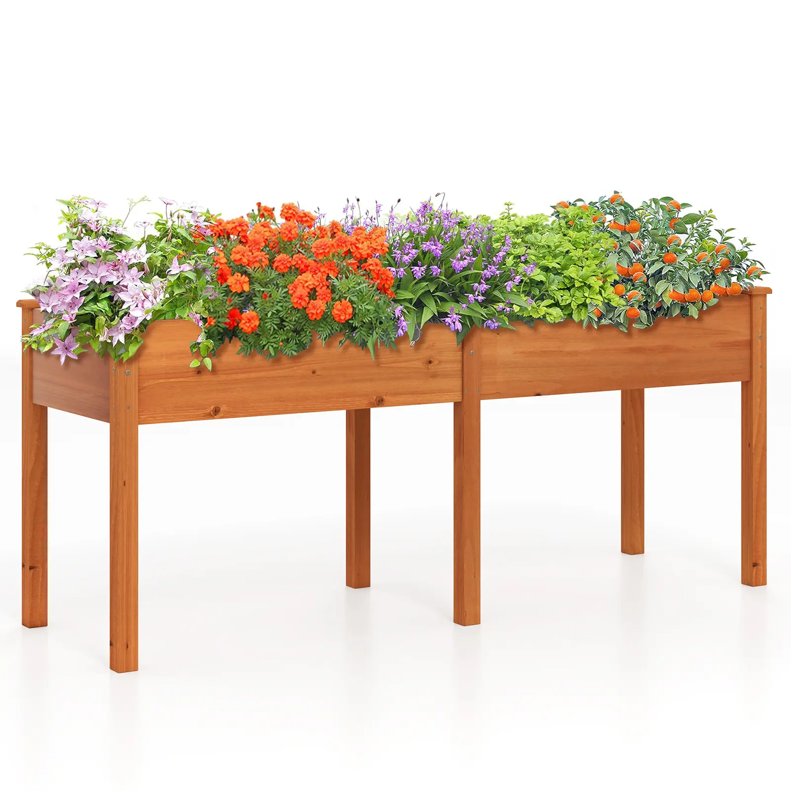 COSTWAY - Fir Wood Outdoor Raised Garden Bed with Divider Panel and Drainage Holes-Yellow