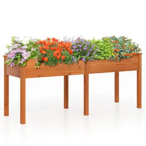 COSTWAY - Fir Wood Outdoor Raised Garden Bed with Divider Panel and Drainage Holes-Yellow