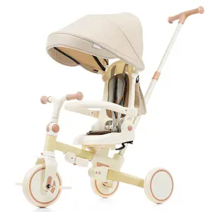 7 in 1 Baby Tricycle, Foldable Toddler Tricycle with Removable and Adjustable Parent Handle, Toddler Push Bike with Removable Pedal, Canopy, and Guardrail, Tricycle for 12-72 Months, yellow