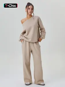 Women's Casual Plain Asymmetrical Neck Long Sleeve Fitted Top, Wide Leg Pants Set, Fashionable Chic for Daily Wear, Comfortable Fit