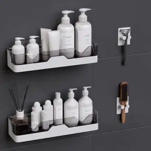 2-Pack Adhesive Shower Caddy, Shower Shelves with Hooks, No Drilling Shower Racks for inside shower & Kitchen Storage