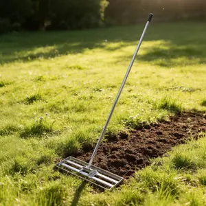 Lawn leveling rake, lawn leveling tool, heavy-duty stainless steel lawn leveling tool, with extended handle, suitable for leveling yards in gardens, golf lawns, and farms